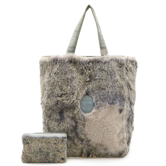 Chanel Lapin Rabbit Fur Coco Mark Tote Bag Fur Tote Suede Gray Beige With Pouch - Picture 1 of 9
